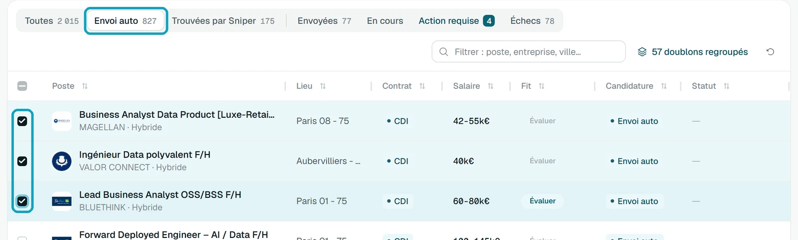 Mes Jobs, onglet Envoi auto, avec trois offres cochées