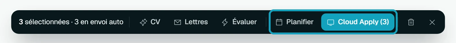 La barre de sélection avec les boutons Planifier et Cloud Apply