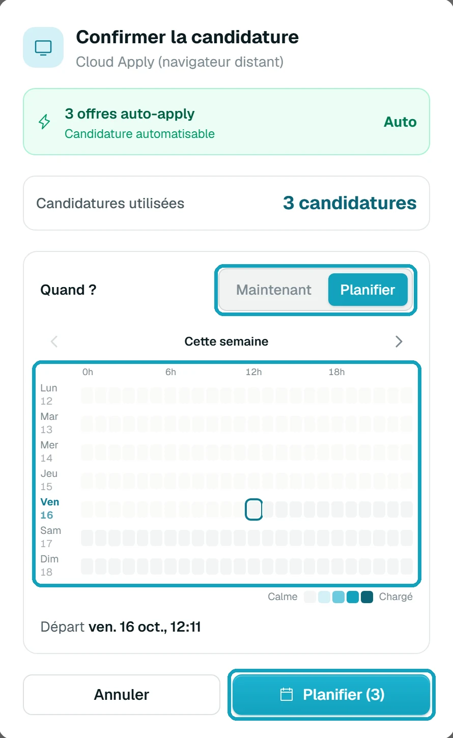 La fenêtre de confirmation : Maintenant ou Planifier, le calendrier de la semaine et le bouton Planifier